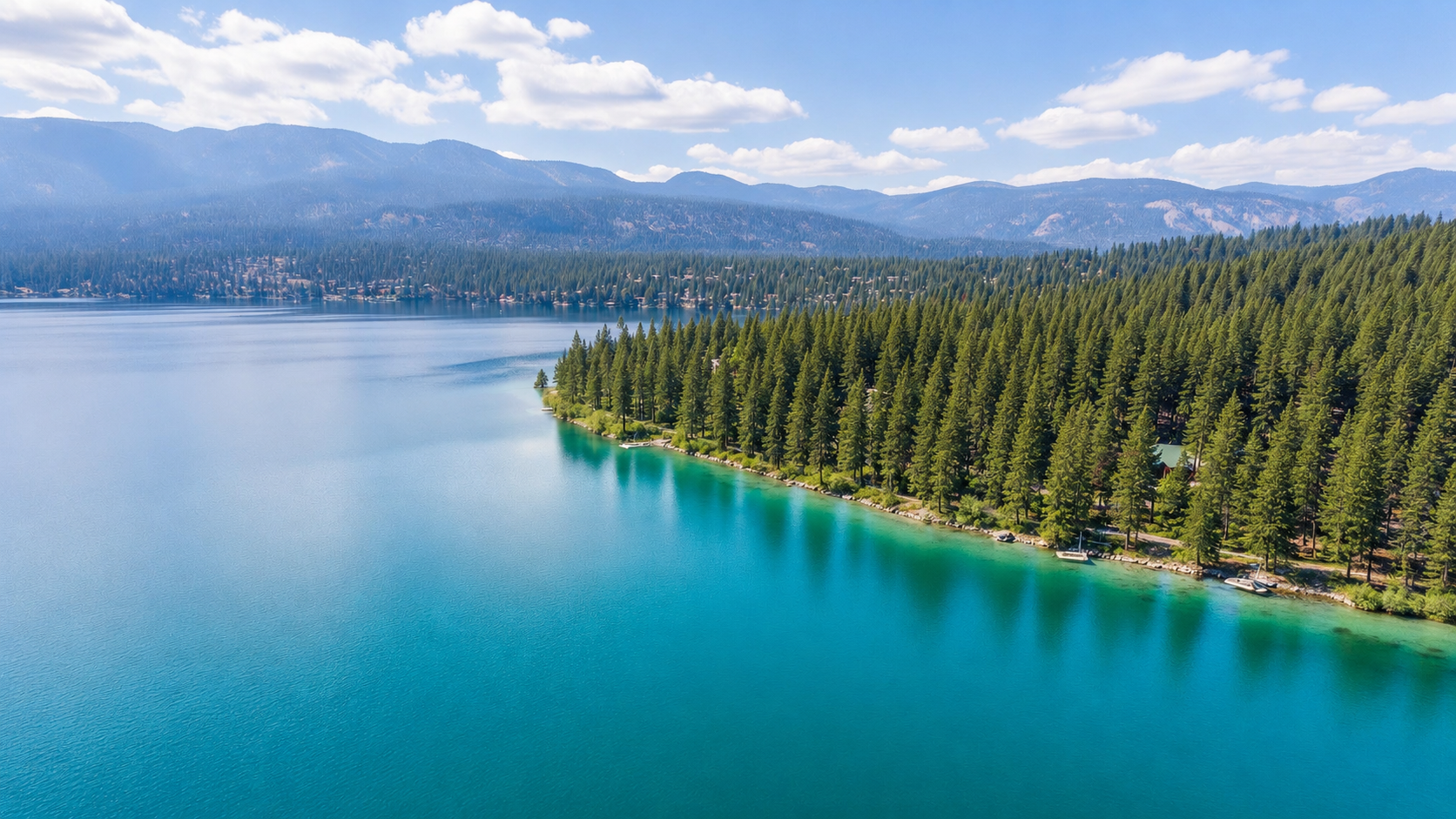 Aerial view of a North Idaho lake with pine forest and mountains